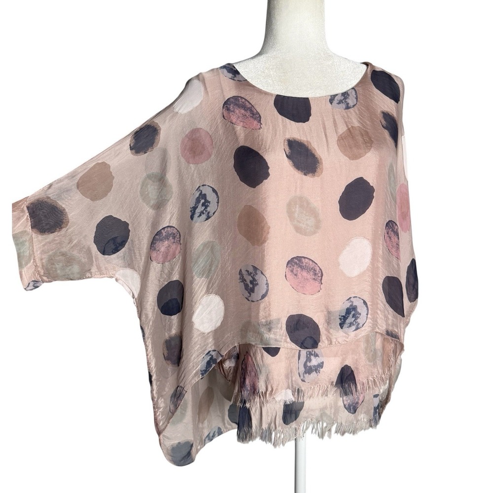 NWT Italy Moda Silk Overlay Top OS Pink Watercolor Dot Dolman Sleeve Layered
